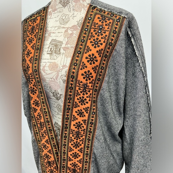 FREE PEOPLE Gray black wool blend with orange detail duster cardigan size M - Picture 3 of 14